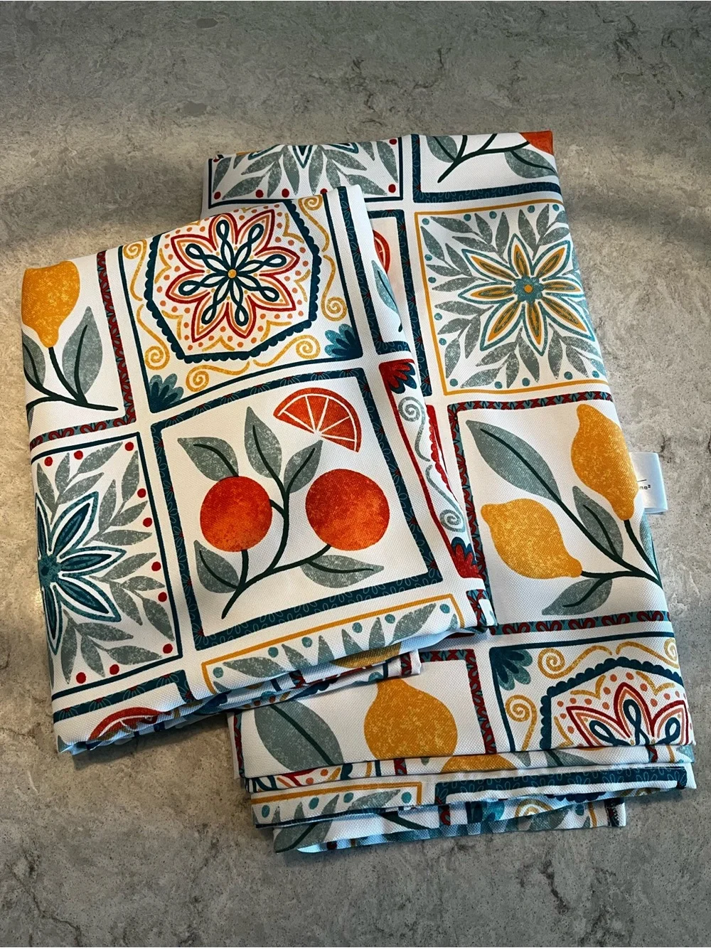 Set of 2 - Citrus Tile Print Table Cloth Towels - White, Orange & Yellow